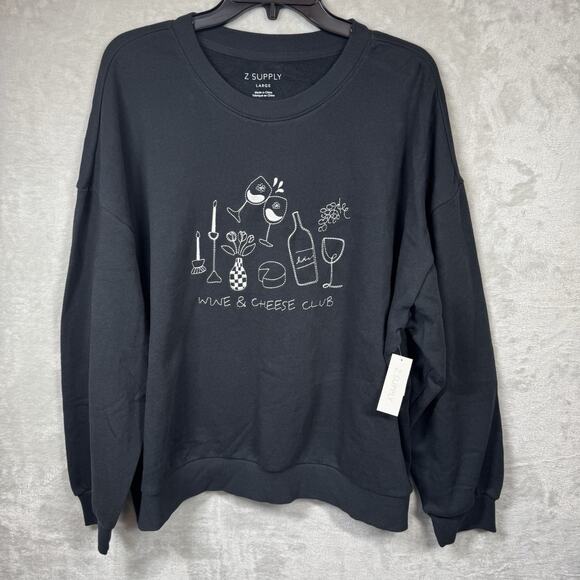 Z Supply NEW Women Sweatshirt L Black Crewneck Wine Cheese Club Pullover Graphic - Picture 1 of 8